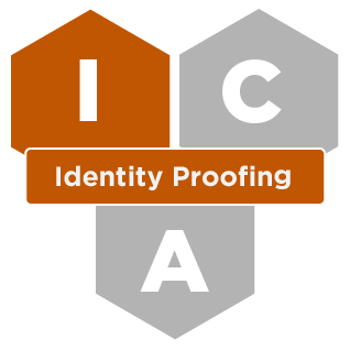 Three hexagons with the letters I, C, and A. The I is highlighted in orange for Identity Management, with an orange banner for the Identity Proofing service. 
