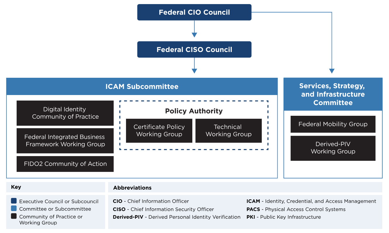 An organization chart of the FICAM Governance Bodies and Working Groups.