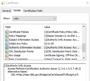 A screenshot showing Authority Information Access in a certificate issued by the Federal Bridge CA.