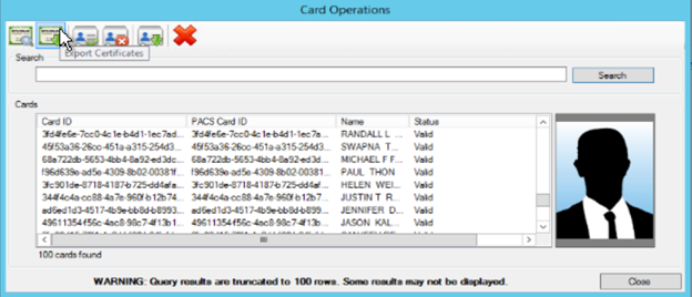 A screenshot of a Card Operations window that shows several rows of card IDs and other information.