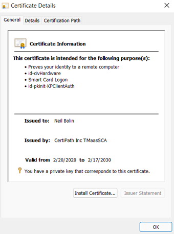 A screenshot of a Certificate Details window.