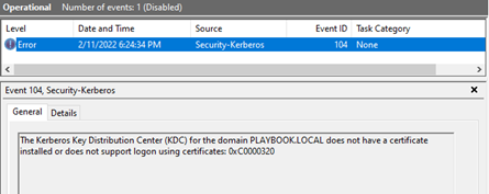 A screenshot of an error log. It includes several labels, including Operational and Event 104, Security-Kerberos. The Details tab is open and includes details about Event 104.