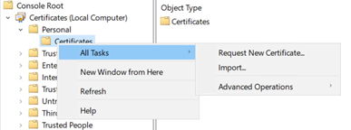 A screenshot of a Console Root folder icon and label with several items and folders below it. The Certificates folder is highlighted with blue. An inset window with All Tasks highlighted in blue appears to the right of the main window and an inset Request New Certificate window appears to right of the first inset window.