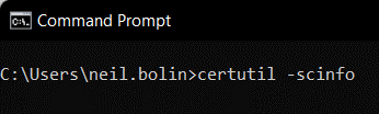 A screenshot of a command prompt that includes certutil information.