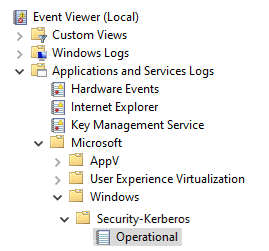 A screenshot of the Event Viewer app icon with several app and folder icons below it in cascading order. The Operational icon appears at the bottom of the screenshot and is highlighted with gray.