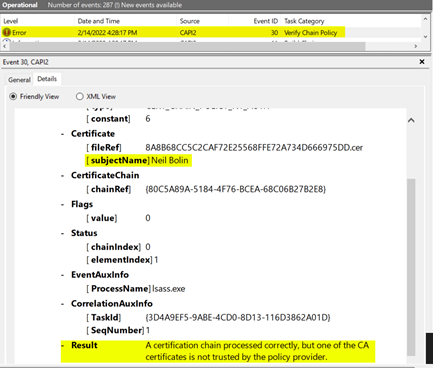 A screenshot of an Operational window labeled Event 30, CAPI2. Near the top of the screenshot, a row labeled Error is highlighted with yellow. Elsewhere in the screenshot, the subjectName and user name and the Result details are highlighted with yellow.