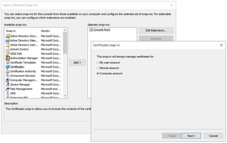 A screenshot of an Add or Remove Snap-In window with an inset Certificate Snap-In window.
