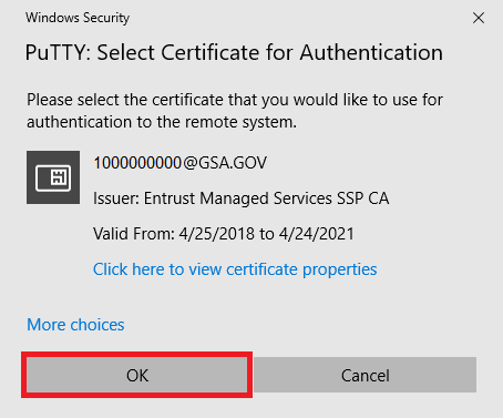 A PuTTY select certificate for authentication screenshot.