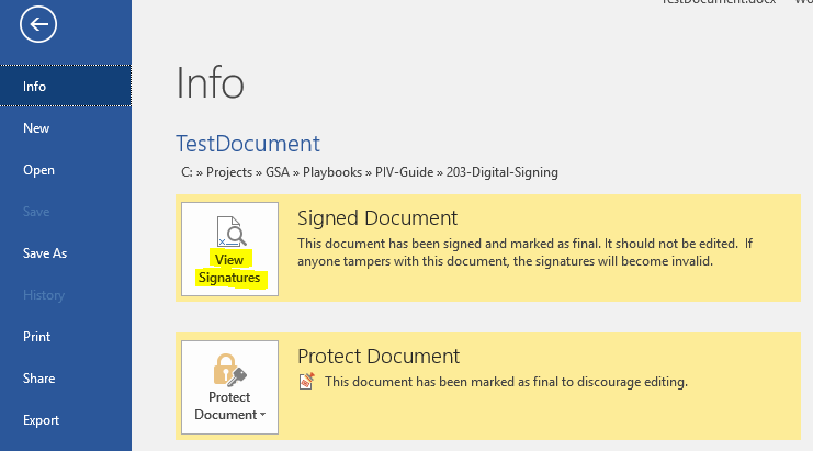 A screenshot of the Microsoft Word Info pane with the View Signatures option highlighted.