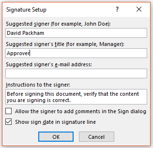 A screenshot of a Microsoft Word Signature Setup box.