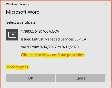 A screenshot of the Microsoft Word Select a Certificate box.