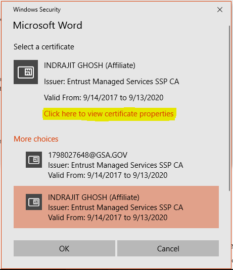 A screenshot of the Microsoft Word Select a Certificate windo.