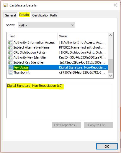 A screenshot of the Microsoft Word Certificate Details window with the Details tab showing and highlighted.