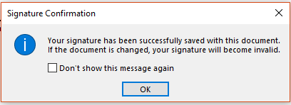 A screenshot of the Microsoft Word Signature Confirmation window.